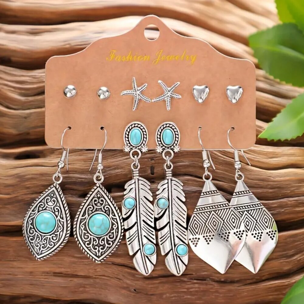NEW 6 pair BOHO style earrings, western jewelry vintage jewelry feather earrings